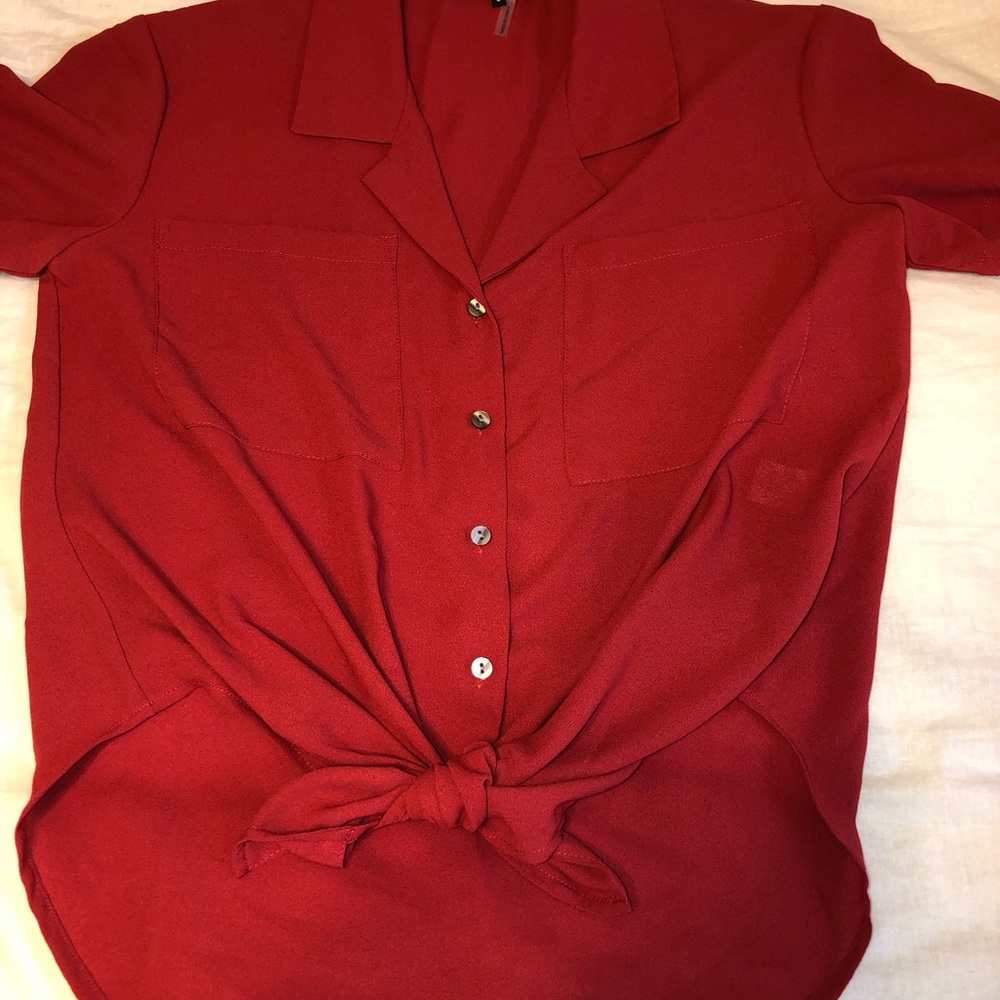1. State Red short sleeve button down top